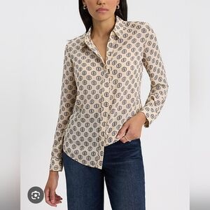 Express Beige Button-Up Blouse with Gray Circular Print